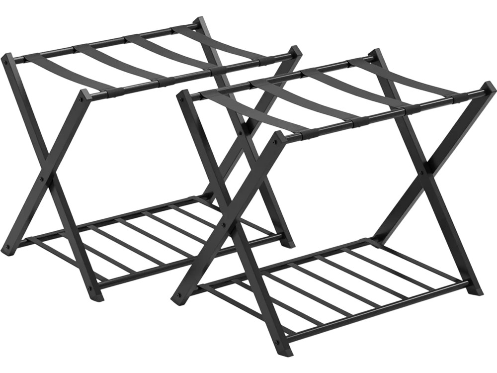 Set of 2 black folding metal luggage racks with sturdy iron structure, ideal for suitcase and bag storage in any room.