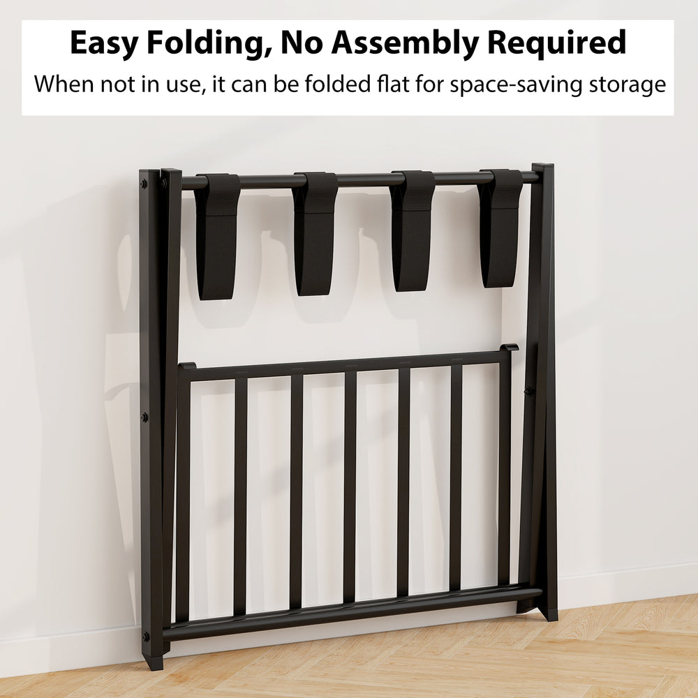 Folding metal luggage rack in black with two compartments, ideal for suitcase and bag storage in modern spaces.