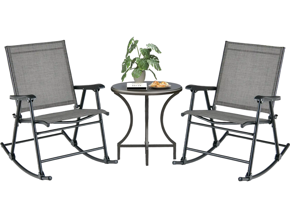 Two gray folding rocking chairs with breathable fabric and a small table, perfect for outdoor relaxation on a balcony.