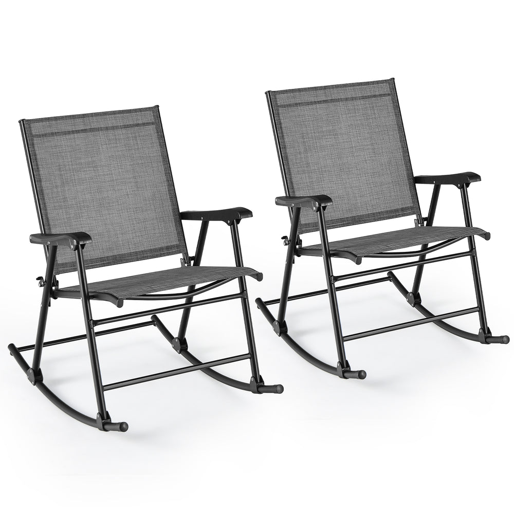 Set of 2 gray folding rocking chairs with breathable fabric and ergonomic design for comfortable outdoor relaxation.