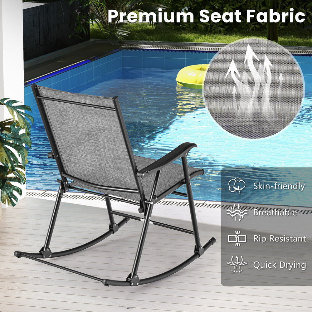 Folding rocking chair set of 2 in gray with breathable, rip-resistant fabric, perfect for relaxing by the pool.