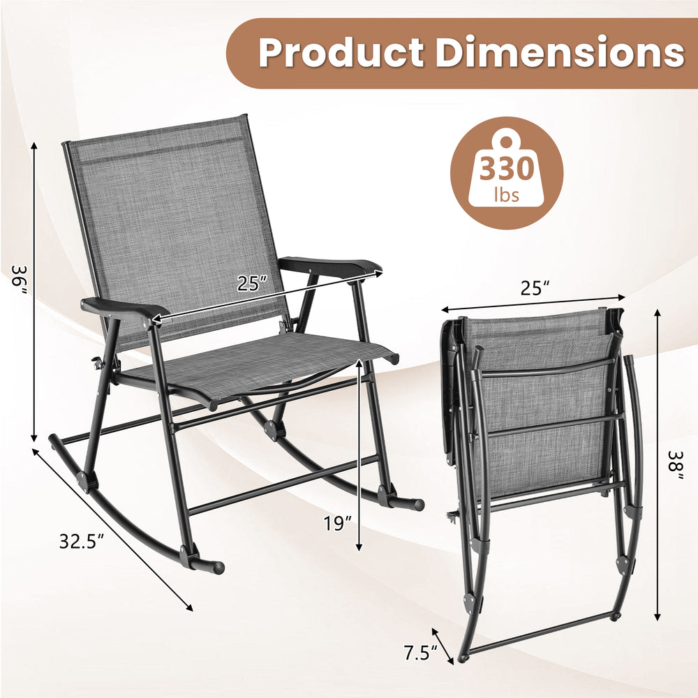 Folding rocking chair dimensions showing gray breathable fabric and heavy-duty metal frame, supports up to 330 lbs.