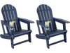 Set of 2 blue HDPE Adirondack chairs with cup holders, featuring a wooden texture, perfect for patio relaxation.