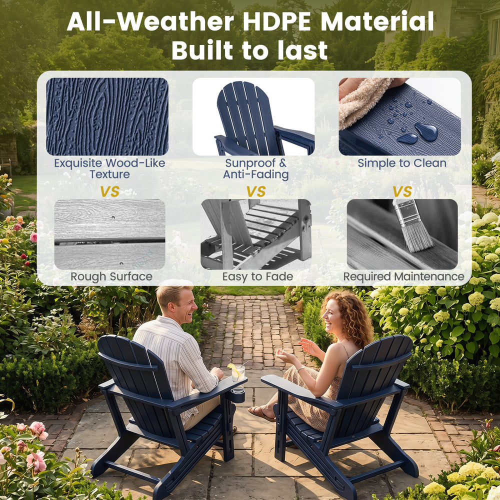 Set of 2 blue HDPE Adirondack chairs with cup holder, featuring a wood-like texture, ideal for patio relaxation.