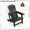Black HDPE Adirondack chair with wood-like texture, cup holder, and dimensions for outdoor relaxation and support.