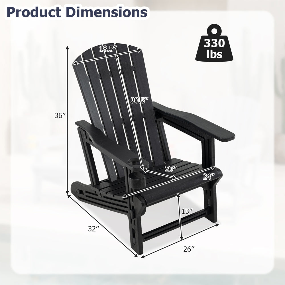 Black HDPE Adirondack chair with wood-like texture, cup holder, and dimensions for outdoor relaxation and support.