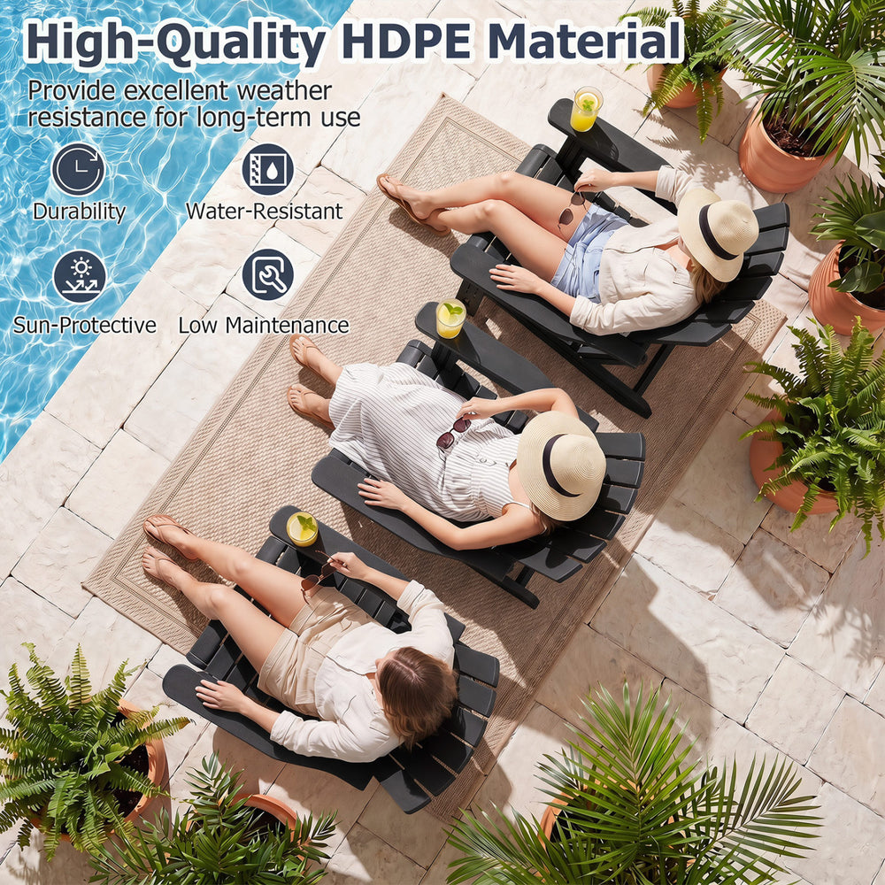 Set of 2 black HDPE Adirondack chairs with cup holders and wood-like texture, ideal for outdoor relaxation and durability.