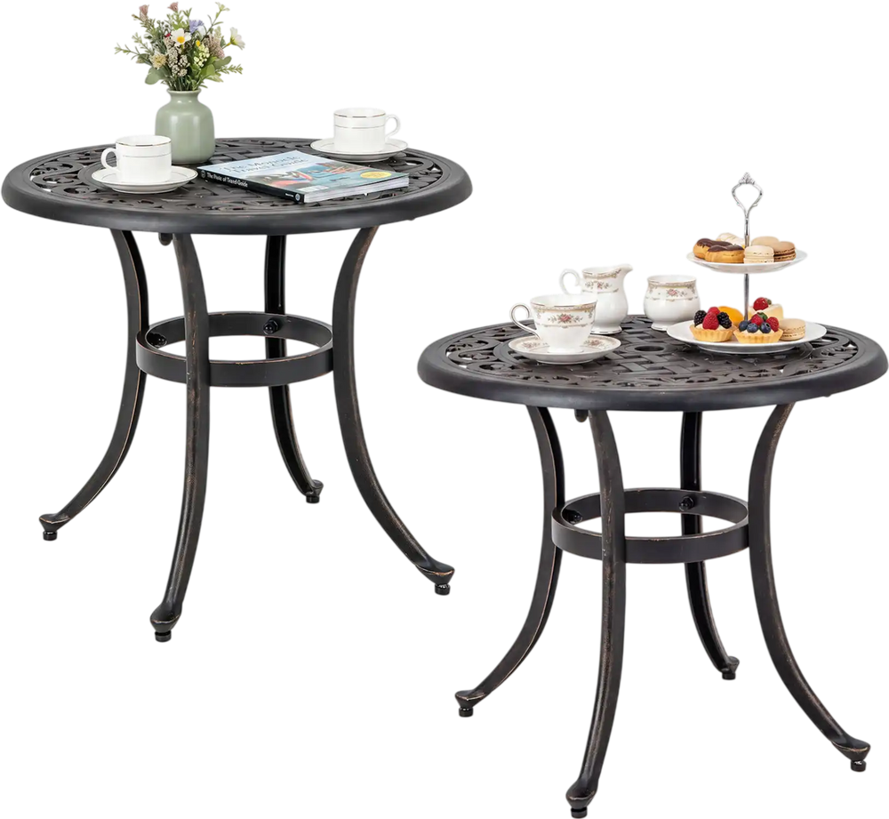Set of 2 heavy-duty outdoor aluminum side tables in antique brown with elegant patterns, perfect for patio use.