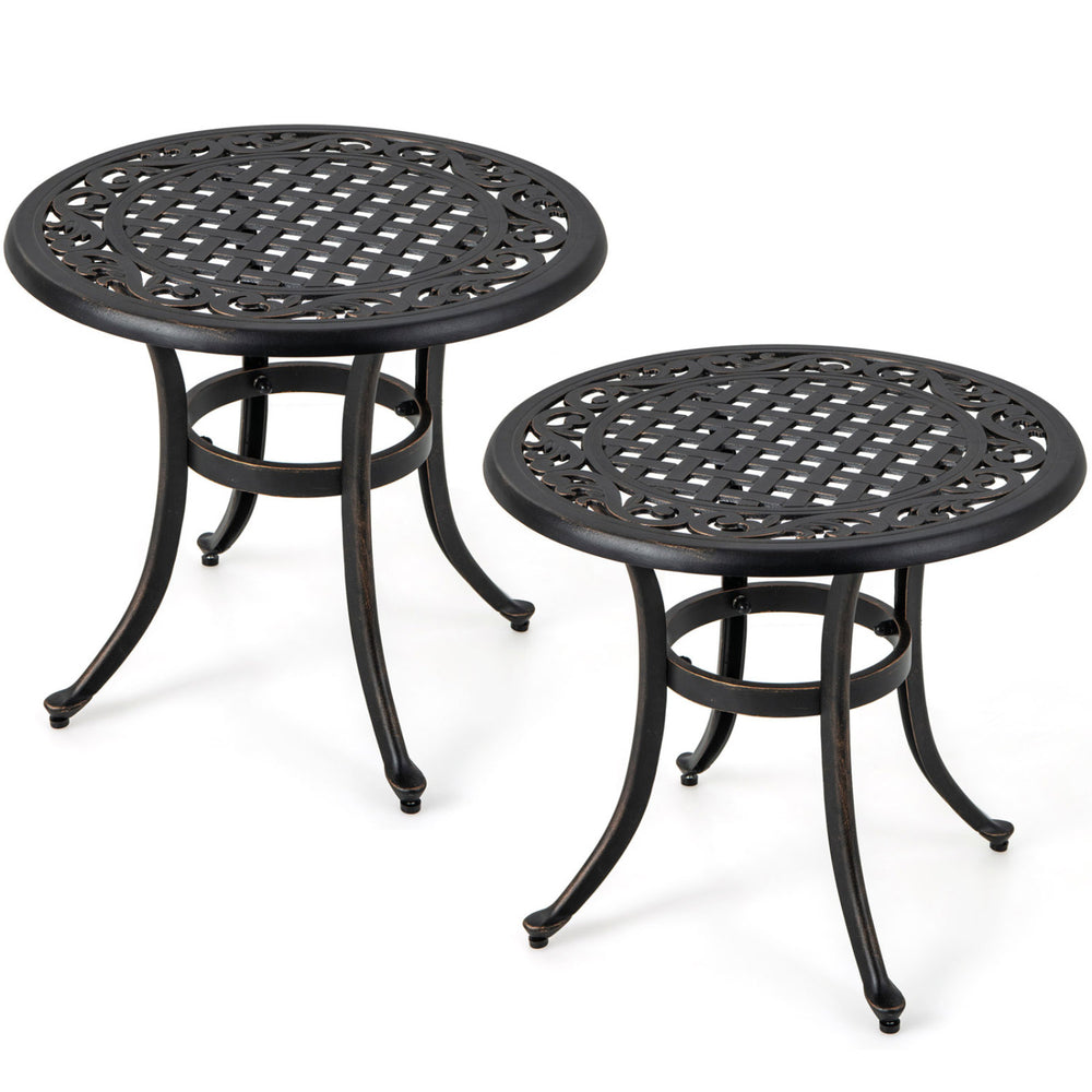 Set of 2 antique brown outdoor aluminum side tables with elegant patterns and adjustable footpads for patio use.