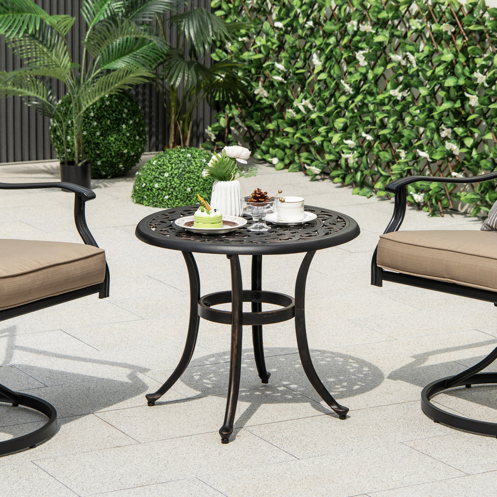 Antique brown aluminum side table featuring elegant patterns, perfect for patio or poolside use.