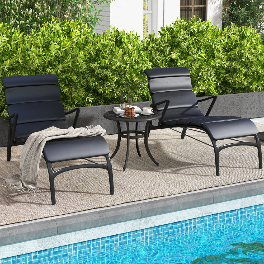 Set of 2 antique brown aluminum side tables with adjustable footpads, perfect for patio or poolside use.