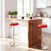 Height-adjustable red swivel bar stools with chrome base, perfect for modern kitchen or dining areas.