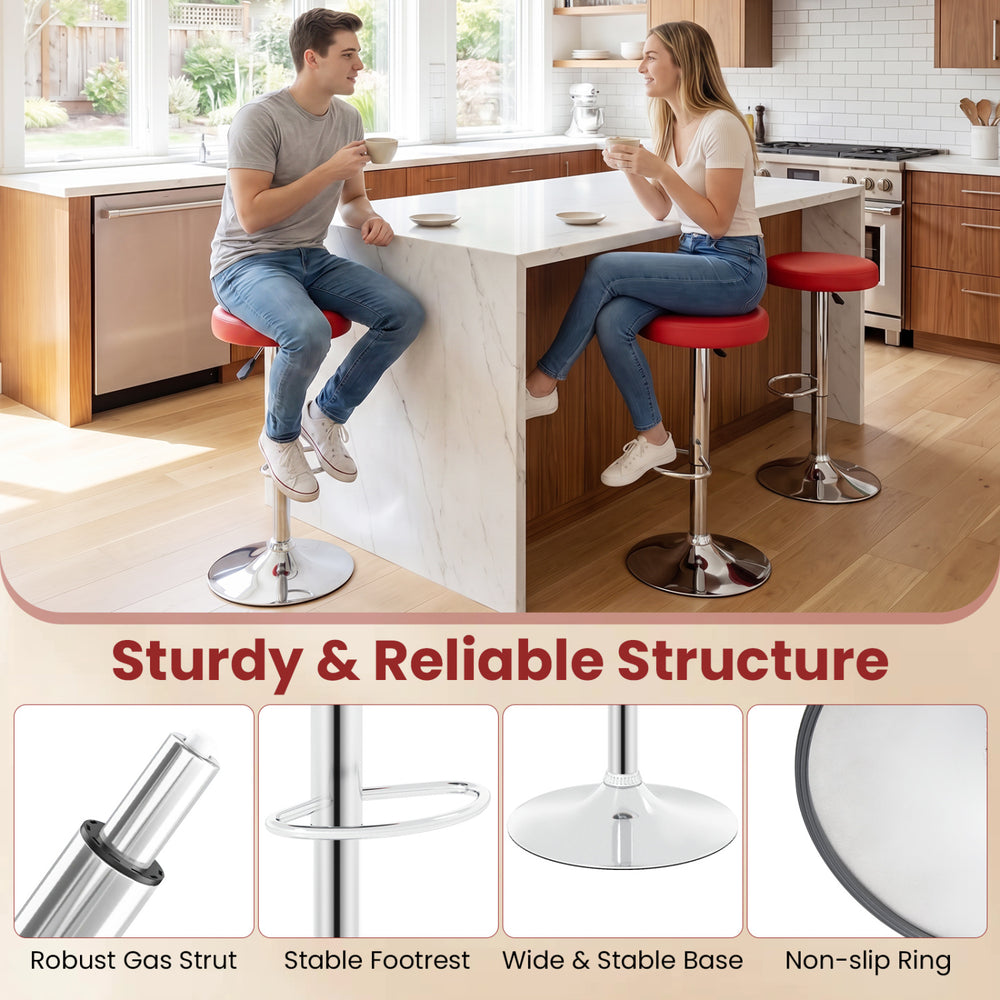 Height-adjustable red swivel bar stools with sturdy gas strut and stable footrest, perfect for kitchen islands.