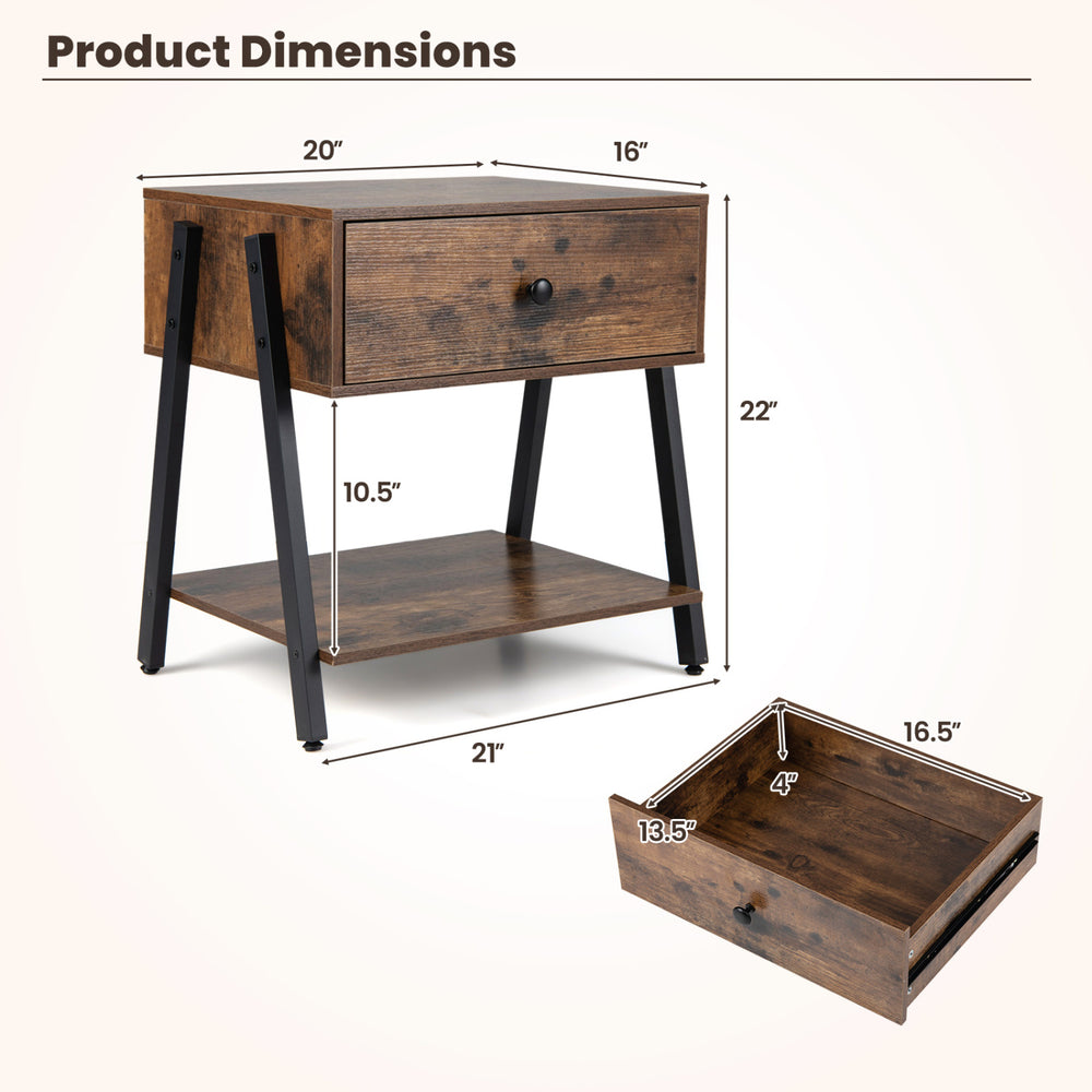 Industrial nightstand in rustic brown with a spacious tabletop, drawer, and open shelf for stylish bedroom storage.