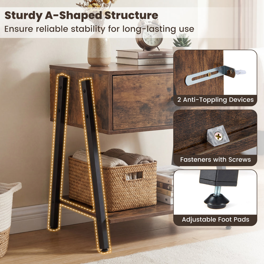 Sturdy A-shaped nightstand with adjustable foot pads, rustic brown finish, and practical drawer for bedroom organization.
