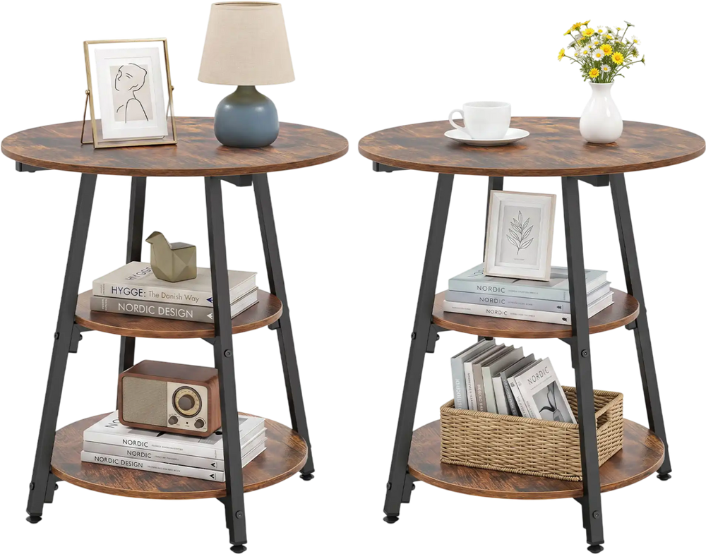 Rustic brown industrial side tables with 3-tier shelves and metal frame, perfect for small spaces and versatile home decor.