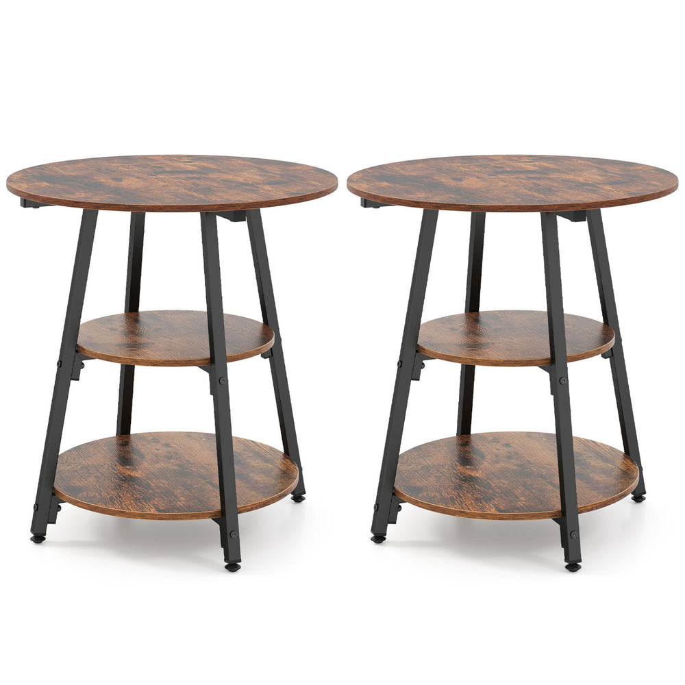 Set of 2 rustic brown industrial side tables with 3-tier shelves and sturdy metal frame for versatile home use.