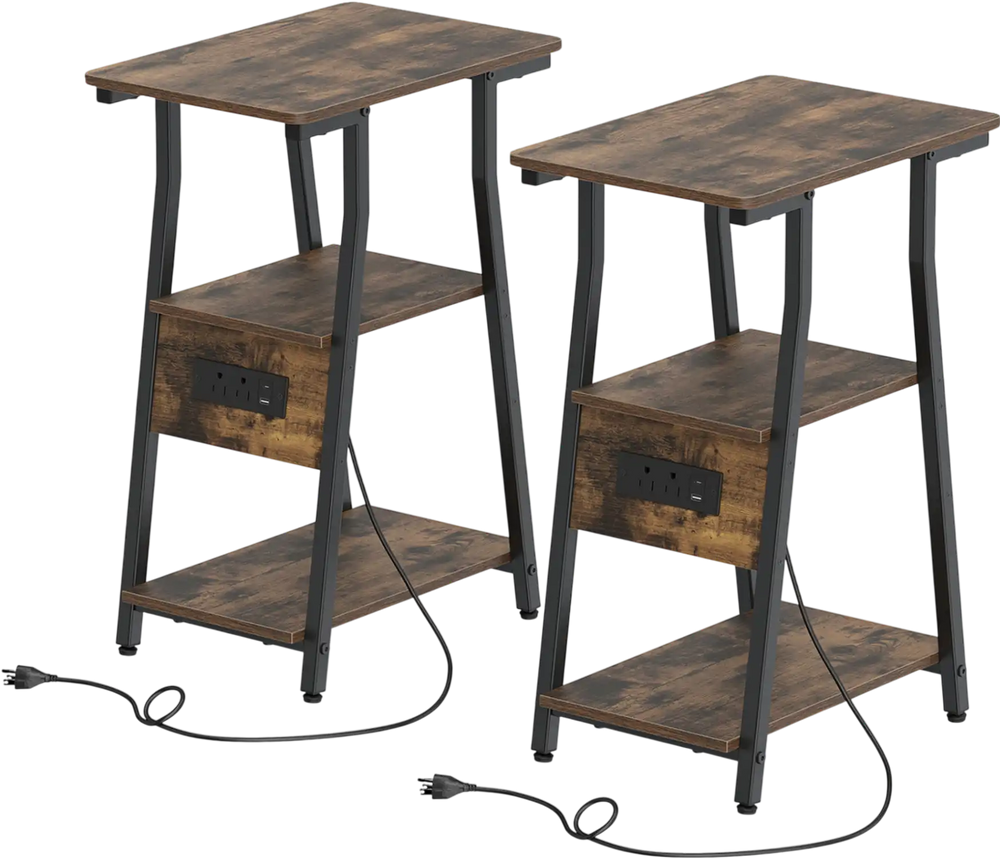 Set of 2 rustic brown industrial side tables with charging station and 3-tier shelves, ideal for small spaces.