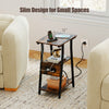 Slim industrial side table in rustic brown with charging station, 3-tier shelves, and compact design for small spaces.