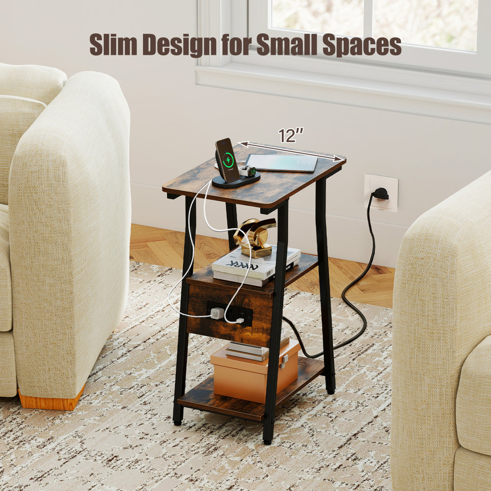 Slim industrial side table in rustic brown with charging station, 3-tier shelves, and compact design for small spaces.