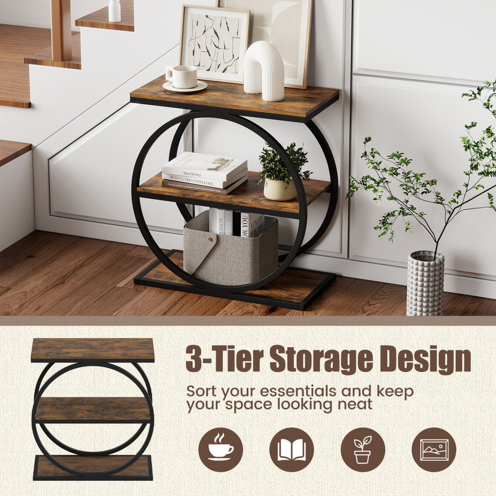 Industrial faux marble side table in rustic brown with 3-tier storage design, perfect for small spaces and stylish organization.