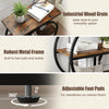 Rustic brown industrial side table with a faux marble surface, robust metal frame, and adjustable foot pads for stability.