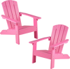 Set of 2 pink kid's Adirondack chairs with high backrest and armrests, designed for indoor and outdoor use.