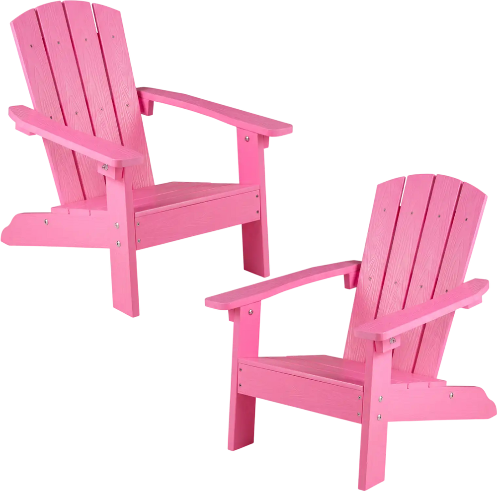 Set of 2 pink kid's Adirondack chairs with high backrest and armrests, designed for indoor and outdoor use.