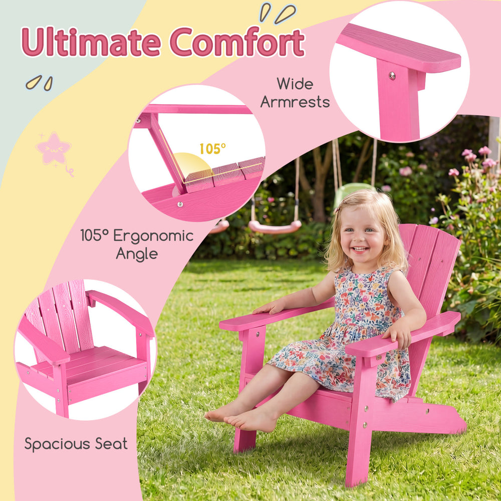 Kid's Adirondack chair in pink with wide armrests, 105° ergonomic angle, and spacious seat for outdoor relaxation.