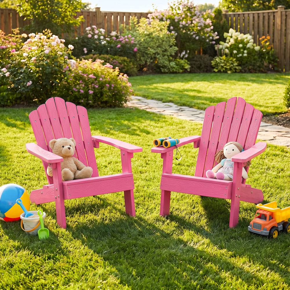Set of 2 Kids Adirondack Chairs All-weather Outdoor Chairs for Children with Tilted High Backrest-Pink - Gallery View 1 of 9
