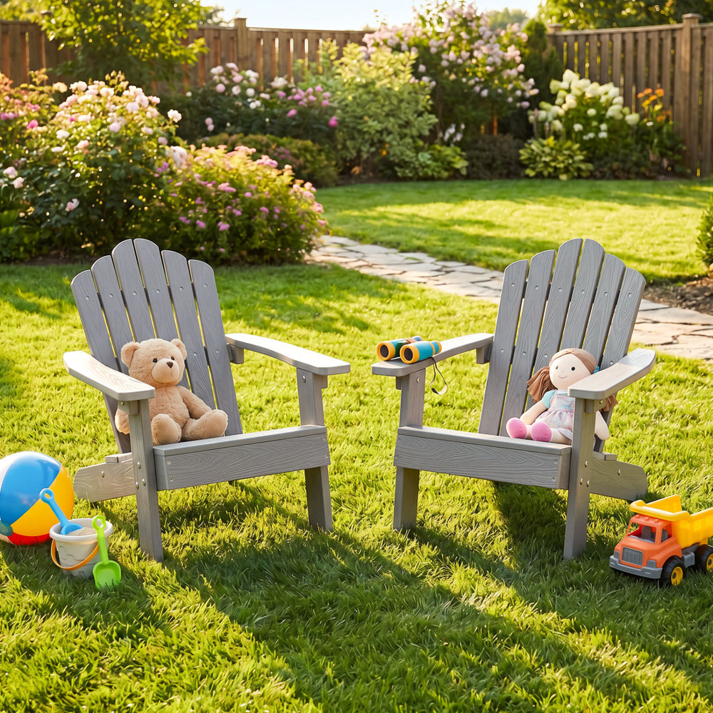 Set of 2 Kids Adirondack Chairs All-weather Outdoor Chairs for Children with Tilted High Backrest-Grey - Gallery View 1 of 9
