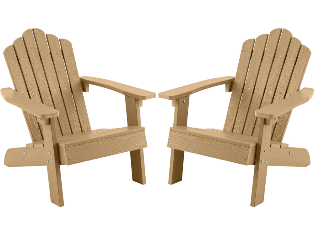 Set of 2 brown kids Adirondack chairs with tilted high backrest, made from all-weather HIPS material for outdoor use.