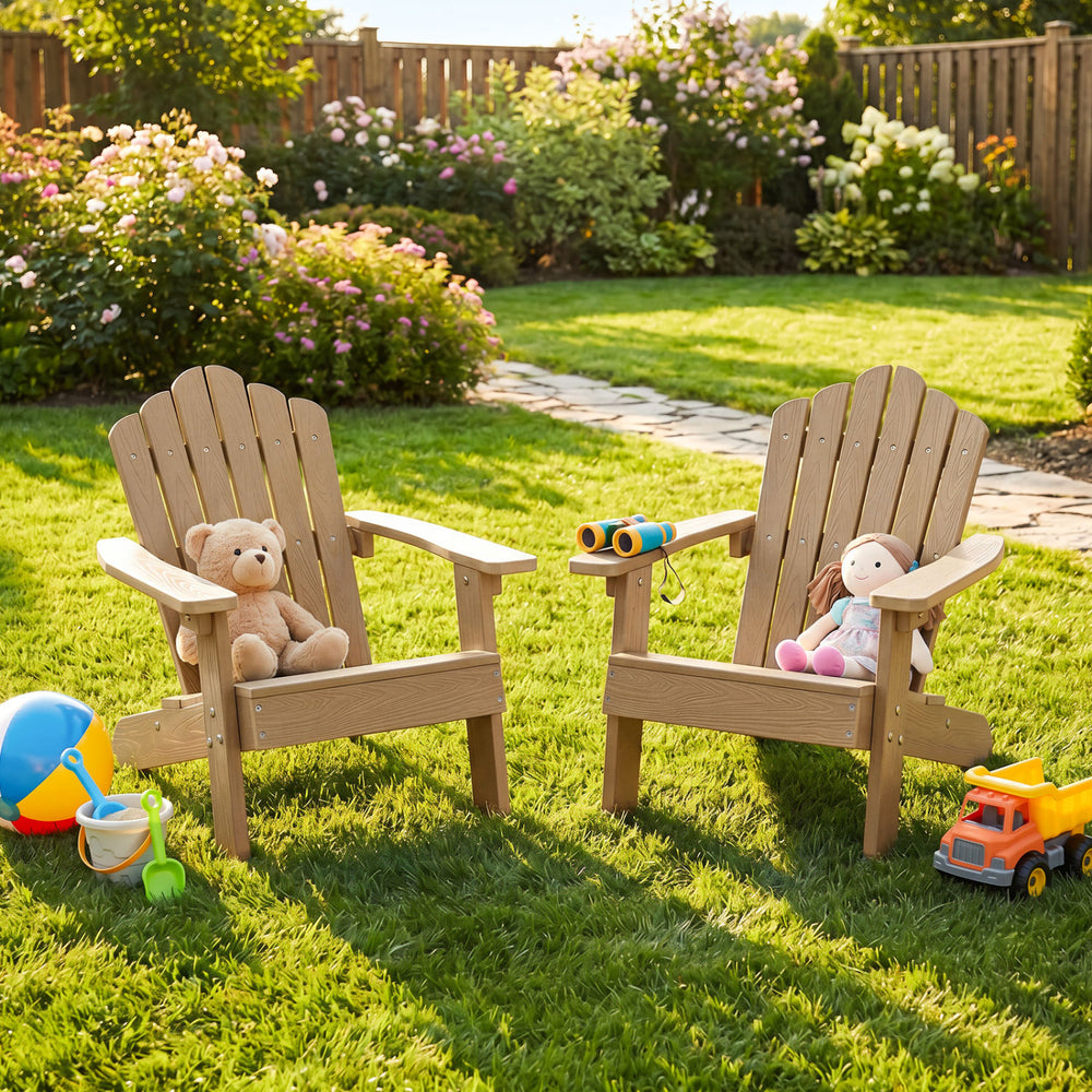 Set of 2 Kids Adirondack Chairs All-weather Outdoor Chairs for Children with Tilted High Backrest-Brown - Gallery View 1 of 9