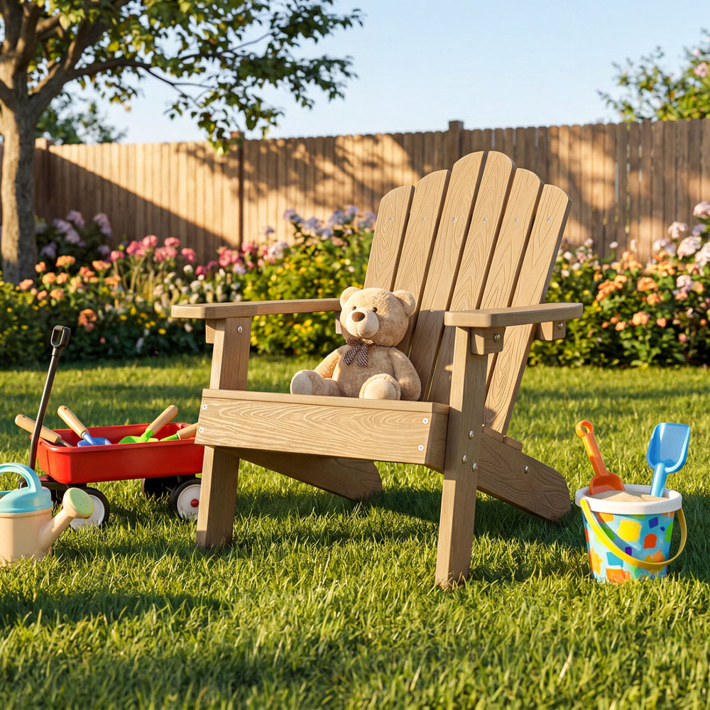 Kids Adirondack chair in brown with tilted high backrest, perfect for outdoor relaxation in the backyard or porch.