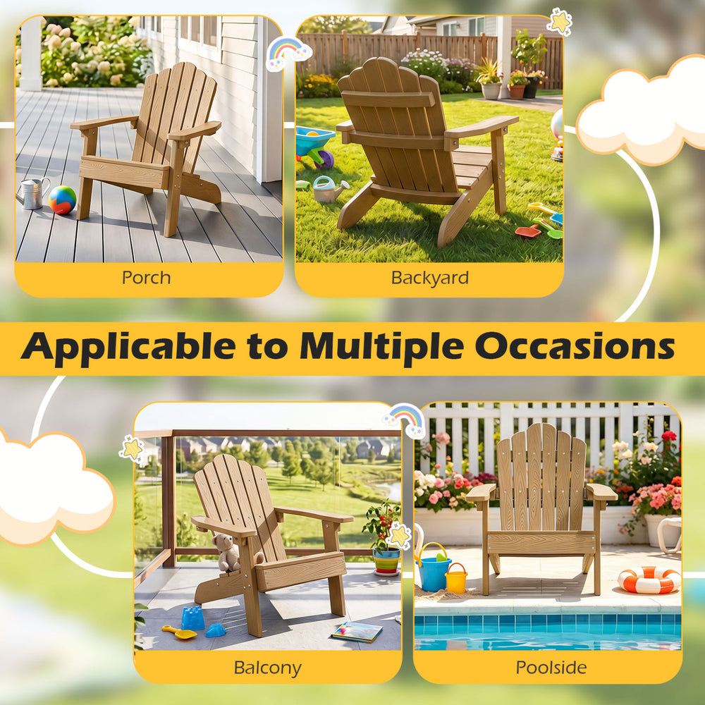 Kids Adirondack chair in brown with tilted high backrest, perfect for outdoor use on the porch, balcony, or poolside.