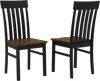Side view of a black kitchen armless dining chair with a slatted high backrest and a rich wood seat, perfect for casual.