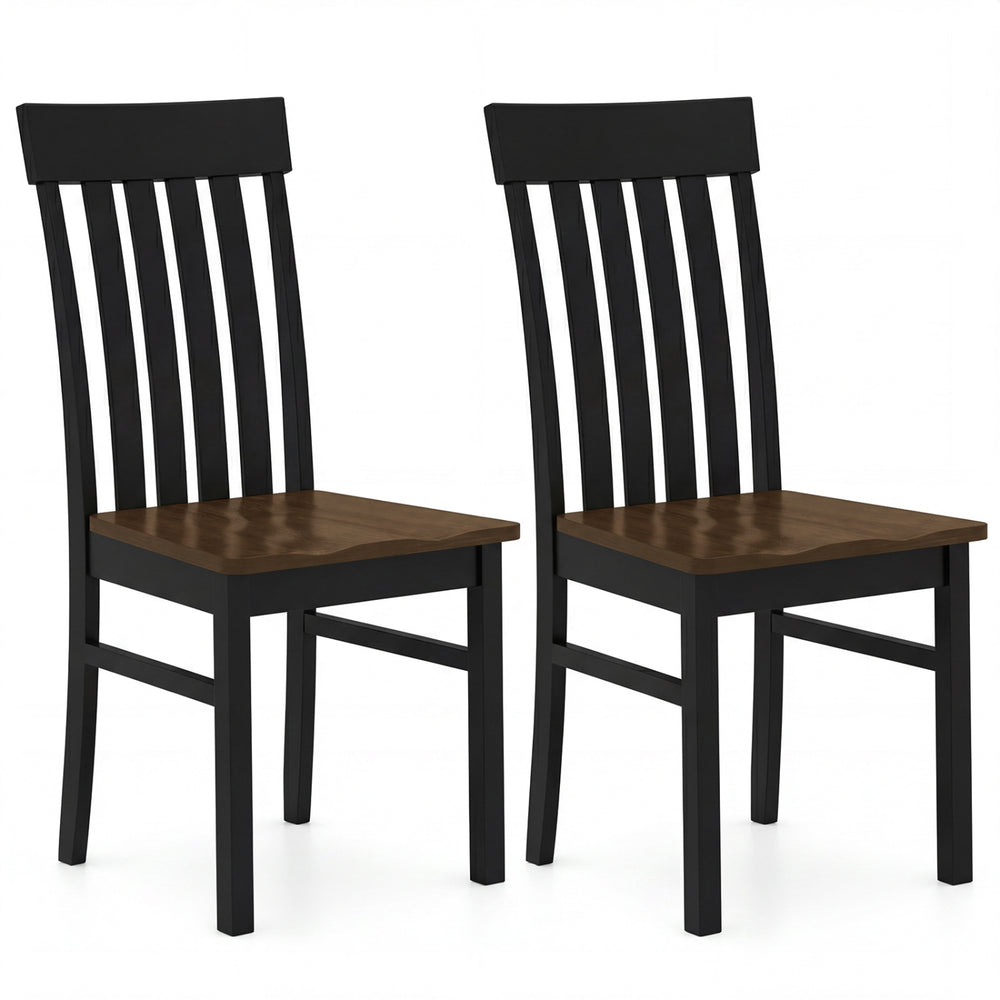 Set of 2 black kitchen dining chairs with slatted high backrests and wooden seats, ideal for modern dining spaces.