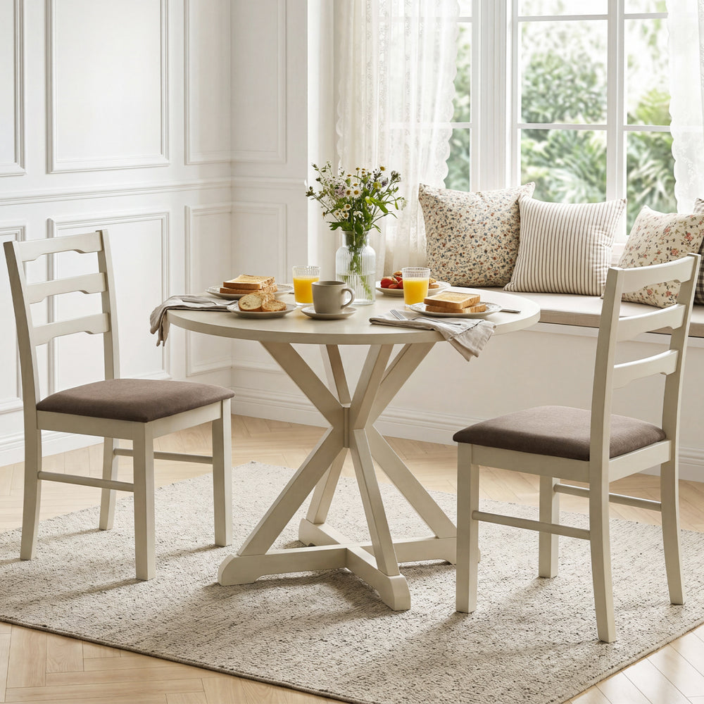 Linen-style upholstered dining chairs with wood frames in white, featuring a modern farmhouse design for versatile.