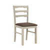 Ladder back dining chair with white wood frame and brown linen-style upholstery for modern farmhouse elegance.