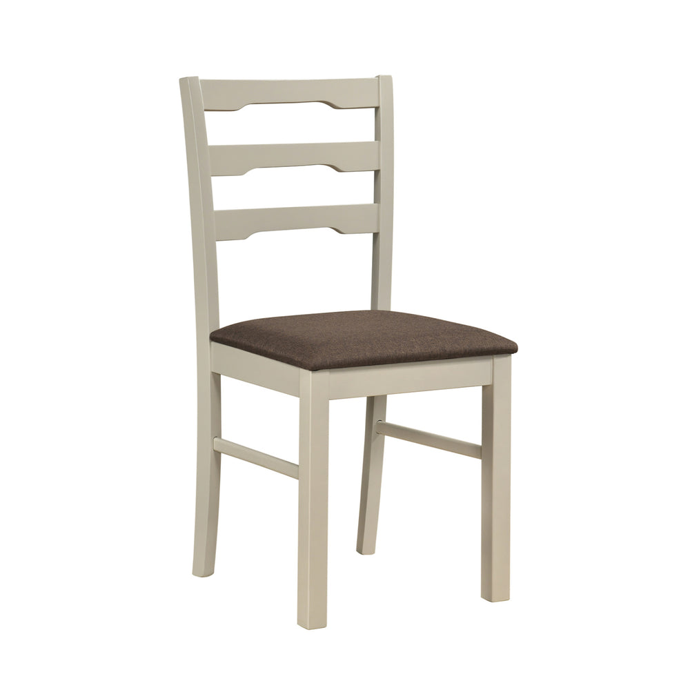 Ladder back dining chair with white wood frame and brown linen-style upholstery for modern farmhouse elegance.