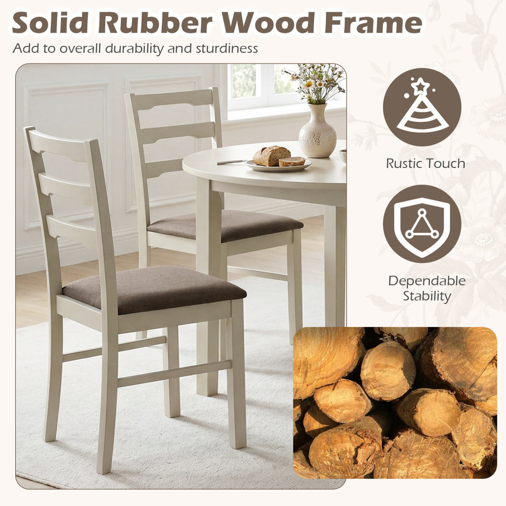 Set of 2 white upholstered dining chairs with rubber wood frames, featuring a ladder back design for comfort and.