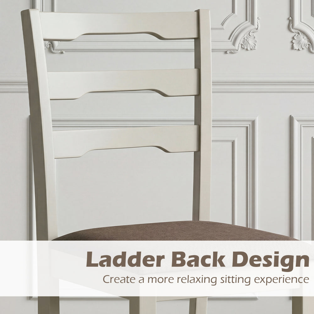 Ladder back dining chair with linen-style upholstery and rubber wood frame, designed for comfort and elegance in dining.