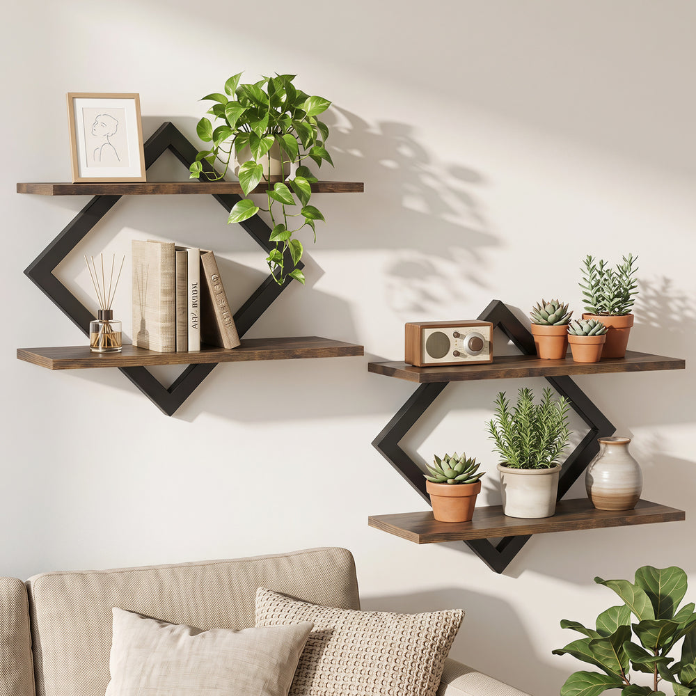 Set of 2 Metal Floating Shelves for Wall with Geometric Frame-Rustic Brown - Gallery View 1 of 9