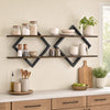 Rustic brown metal floating shelves with a geometric frame feature two open tiers for stylish wall storage and organization.