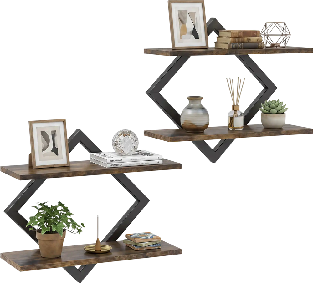 Set of 2 rustic brown metal floating shelves with geometric frame, featuring two open tiers for stylish wall storage.