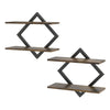 Set of 2 rustic brown metal floating shelves with diamond-shaped frames and wood-like texture for stylish wall storage.