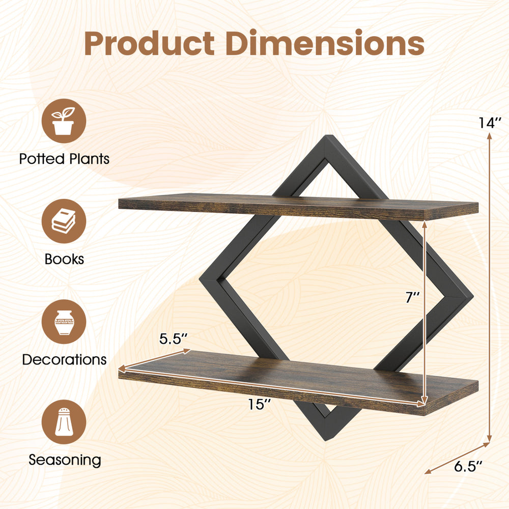 Geometric metal floating shelf set in rustic brown with two tiers for stylish wall storage and decor organization.