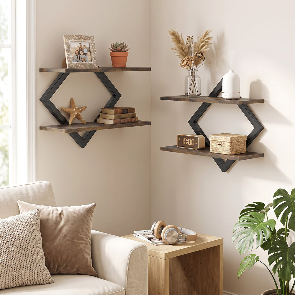 Rustic brown set of 2 metal floating shelves with geometric frame, perfect for stylish wall storage in any room.