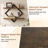 Set of 2 rustic brown metal floating shelves with a diamond-shaped frame and wood-like texture for stylish wall storage.