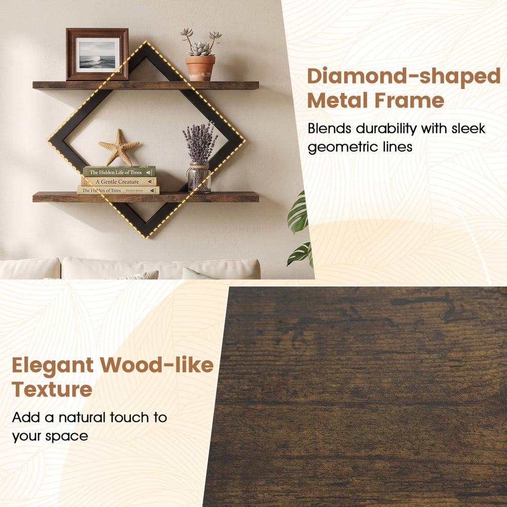 Set of 2 rustic brown metal floating shelves with a diamond-shaped frame and wood-like texture for stylish wall storage.